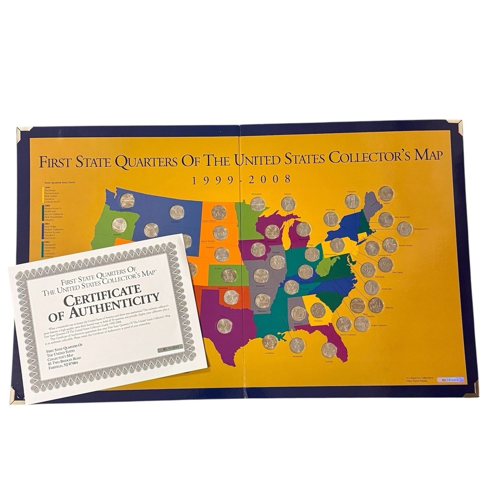 1999-2008 US State Quarter Collector Map Complete 50 Coin Set with Certificate